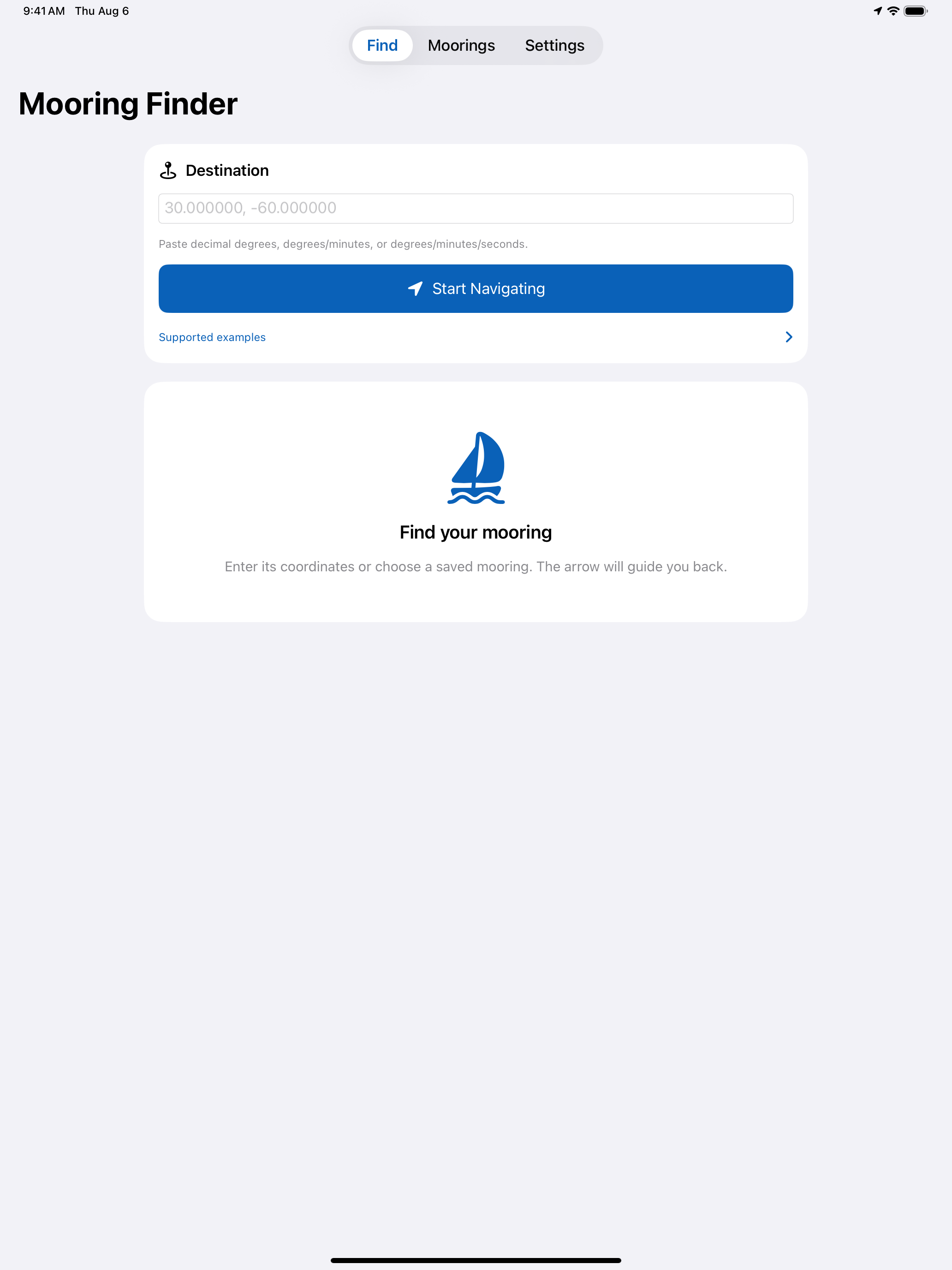 Mooring Finder destination screen on iPad