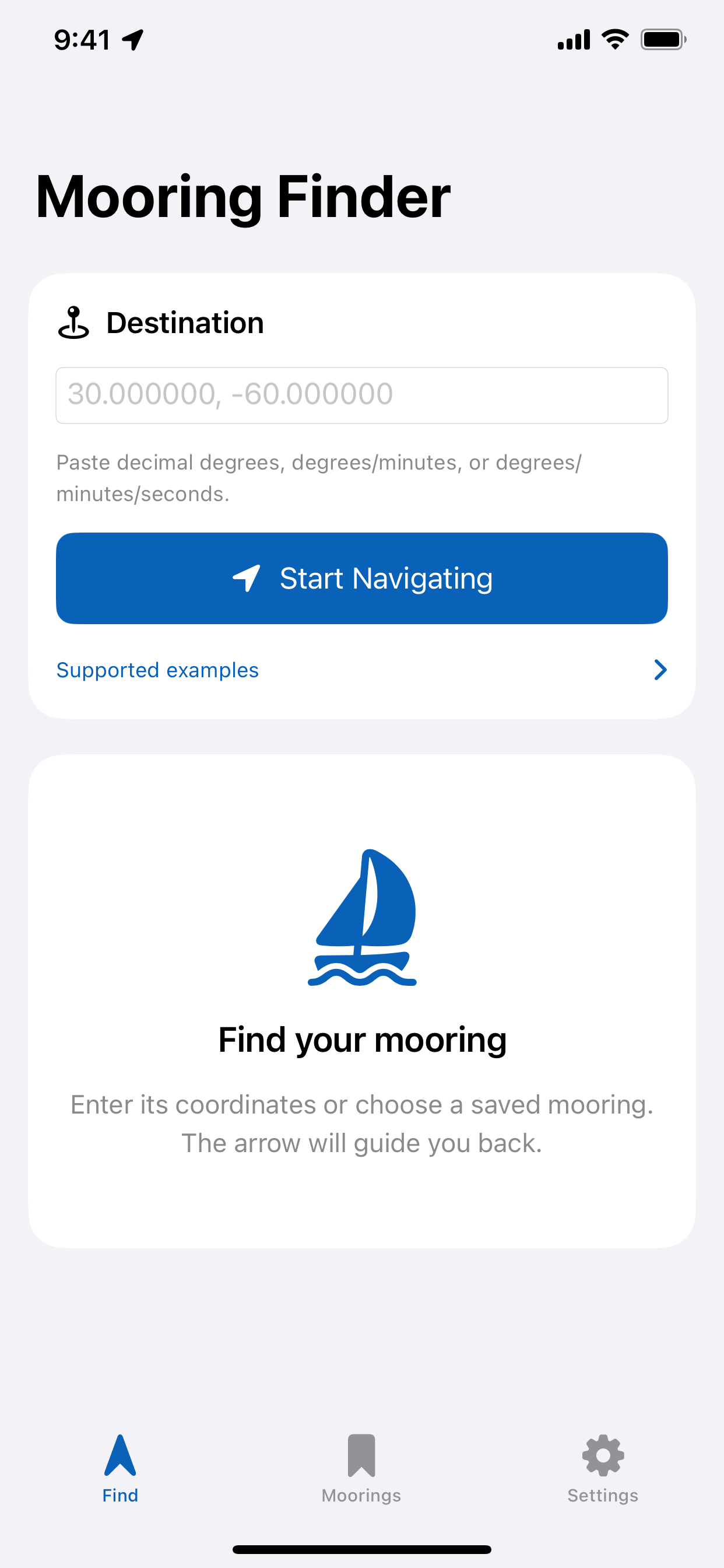 Mooring Finder destination screen on iPhone